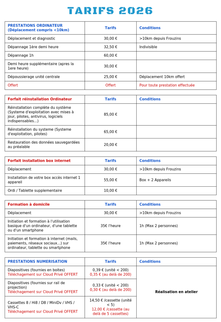 Tarifs pratiqués par 2NFOrmatik pour 2026